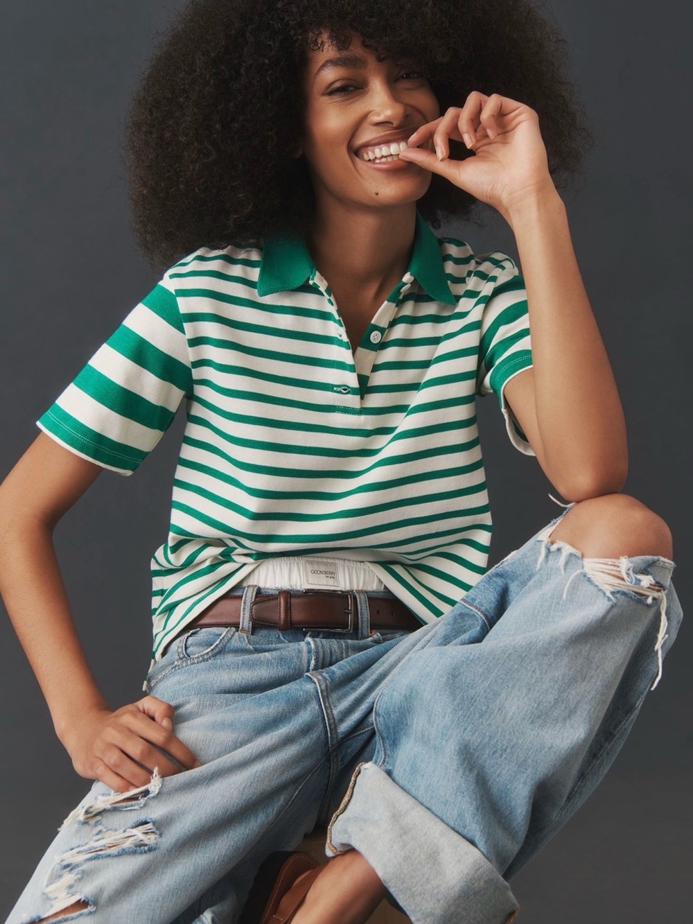 Anthropologie, Green and White Striped Polo Shirt